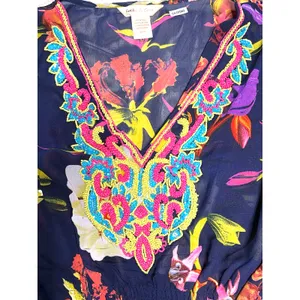 Navy Floral Beaded Bodice Swim Cover Top size Medium Blue thumbnail 4