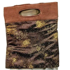 Handmade Vintage-Inspired Brown & Gold Brocade Handbag With Suede Accents Snap Closure & thumbnail 1