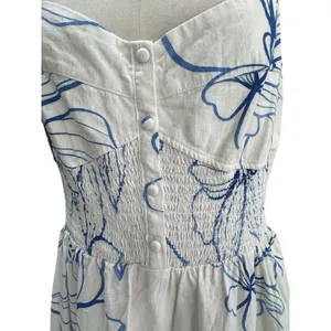 Gap Linen-Blend Smocked Corset Midi Dress Blue & White Floral Size Medium thumbnail 9