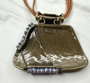 Chico's Boho Mixed Material Pendant Gold Tone Brown Cord Necklace ✨ thumbnail 5