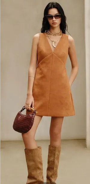 NWT COMMENSE Suede V-Neck Sleeveless Mini Dress Light Brown XS thumbnail 1