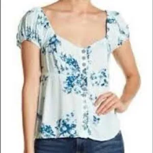 Free People Blue Floral Peasant Top XS Cottagecore Boho Puff Sleeve Babydoll thumbnail 11