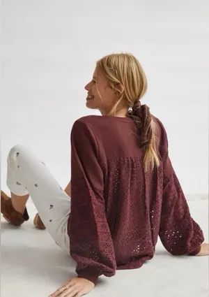 Anthropologie Plum Eyelet Yoke V Neck Pullover Sweatshirt Women's Size L Cotton thumbnail 3