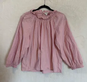 J.Crew Pink White Striped Smocked Ruffle Neck Blouse Women Large Balloon Sleeve thumbnail 1