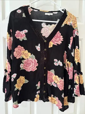 Maurices Black Button-Front Blouse with Pink & Yellow Floral Print thumbnail 3