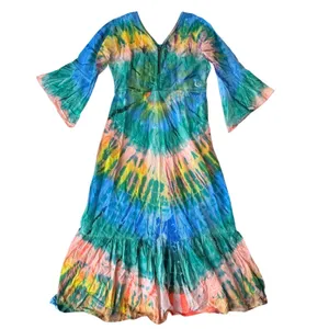 Tie Thai Boho Bell Sleeve Tie Dye Festival Maxi Dress Womens Large Multi-Color thumbnail 3