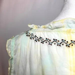 Vintage Y2K Tokyo Denim Yellow Silk Hippie Embroider Bead Tank Blouse Top Medium thumbnail 9