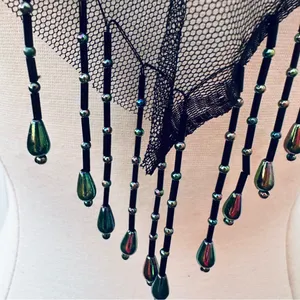 Vintage Beaded Black Mesh Caplet Collar Scarf with Fringe & Sequins thumbnail 12