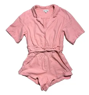 For Love & Lemons Pink Millie Linen Blend Romper in Mango US XS thumbnail 2