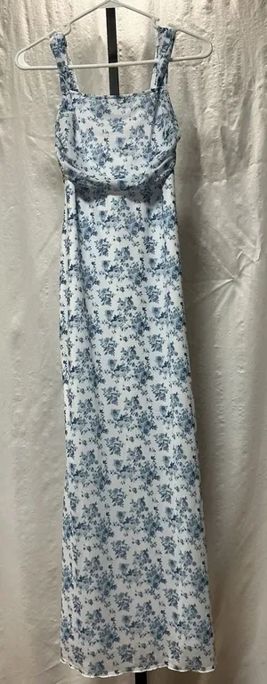 Women's Blue White Floral Maxi Dress Ruched Bust Square Neck Stretch Size M thumbnail 1