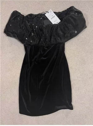 Zara Off-Shoulder Black Mini Dress with Sequin Trim thumbnail 6
