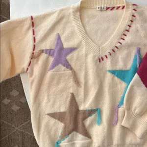 POL Patchwork Star Sweater - Beige V Neck Thick Knit Size Medium thumbnail 5
