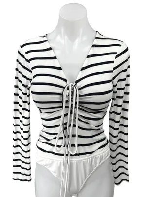 REVOLVE Lovers + Friends White Black Striped Long Sleeve Romper Bodysuit Top M thumbnail 1