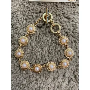 Saachi Gold Tone Pearl Charm Bracelet Statement Earring Jewelry Set thumbnail 3