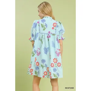Umgee Multi Flower Print V-Neck Dress - Seafoam - Small thumbnail 3