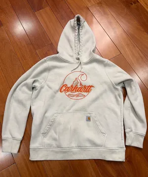 Carhartt Hoodie White Relaxed Fit Graphic Mountain Logo Sweatshirt Size L(12-14) thumbnail 1