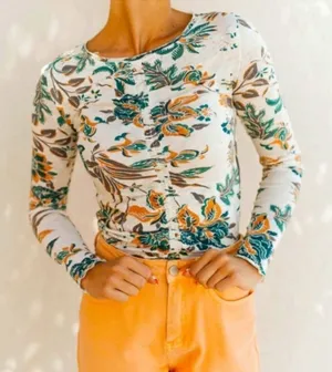 Free People Dreamed Of You Long Sleeve Lettuce Hem Floral Top NWT NEW Teal Combo thumbnail 1