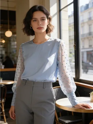 Women’s Light Blue Sheer Polka-Dot Sleeve Blouse Size S NWOT Chic Office Wedding thumbnail 1