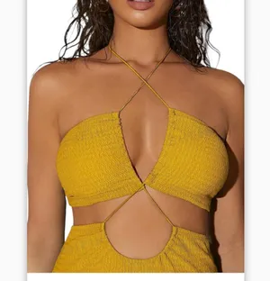 Fashion dress maxi cut out split thigh high halter neck yellow Medium NWT thumbnail 2