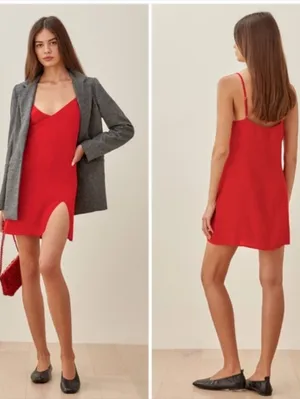 Reformation Marlowe Slip Dress Red V-Neck Spaghetti Strap Mini Slit Womens Sz S thumbnail 2
