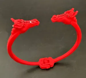 Red-tone Double Horse Head with Rhinestones Open Cuff Bangle Bracelet thumbnail 1