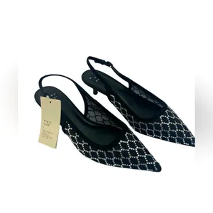 A New Day 6.5 Rhinestone Sexy Slingback Black Mesh Pointed Toe Heels Wedding thumbnail 2