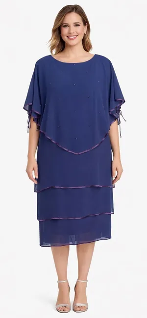 Late 1980s–1990s Patra Blue Chiffon Cape Overlay Beaded Dress Midi XL thumbnail 1