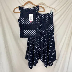 NWT Cider Blue White Boat Neck Polka Dot Top & Ruffle Hem Mid Rise Skirt Set XS thumbnail 3