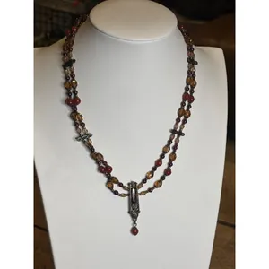 Vintage Multi-Strand Necklace With Red & Amber Beads Bronze Pendant & Chain Intr thumbnail 10