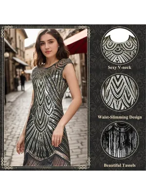 1920 Gold Sequin Fringed Gatsby Flapper Cocktail Dress Costume Accessories LARGE thumbnail 6
