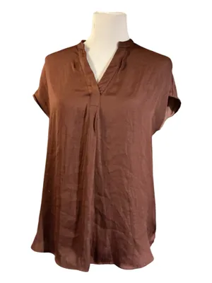 Maison d'Amélie Paris Chocolate Brown Satin Short Sleeve Pleated Blouse S thumbnail 1