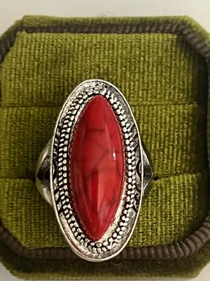 Boho/Design Red Oval Turquoise Stainless Steel Silver Statement Ring Size 8 thumbnail 1