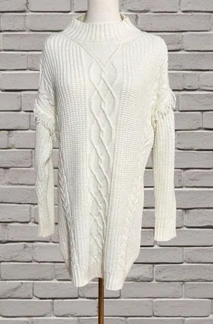 American Rag Cie White Cable Knit Sweater Dress S Fringe Sleeves Open Back thumbnail 1