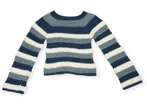 Blue White Crochet Y2K Striped Sweater Flare Sleeve Handmade XS Small‎ Winter thumbnail 1