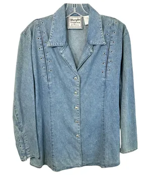 VTG Wrangler Western Wear Large Denim Shirt Blue‎ Grommet Studded Shacket 1234 thumbnail 1
