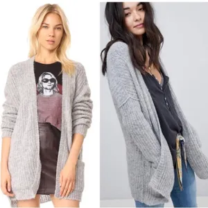 Free People Weekend Getaway Grey Ribbed Knit Alpaca Open Front Long Cardigan thumbnail 2