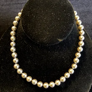 Vintage Monet 15" Silver Faux Pearl Choker Necklace, Signed Silver-Tone Clasp thumbnail 1