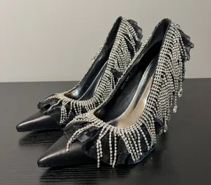 Azalea Wang Trystan Black Rhinestone Fringe Ruffle Pointed Toe Stiletto Pumps 11 thumbnail 1