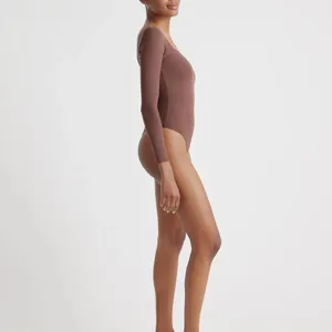 NWOT Quince Second Skin Square Neck Long Sleeve Cocoa Brown Bodysuit Sz XS thumbnail 2