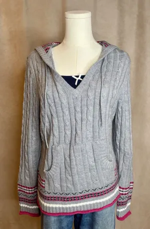 Dressbarn Gray Cable Knit Hoodie Sweater L Pink Fair Isle Trim thumbnail 1