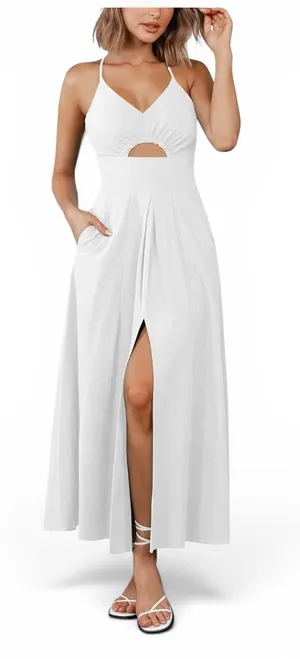 BTFBM White Cutout Maxi Dress Size Large Slit Pockets Adjustable Straps NWT thumbnail 1