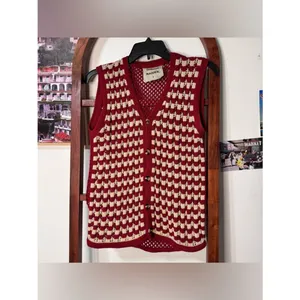 Source Unknown Damson Madder crochet sleeveless cardigan top red and ivory checkered pattern thumbnail 5