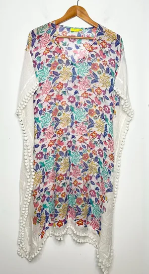 ROLLER RABBIT Swim Coverup Kaftan Womens Size XS Floral Pom Pom Boho Vacation thumbnail 1