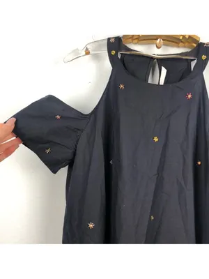Zara navy blue cold shoulder poplin dress beaded detail XS thumbnail 5