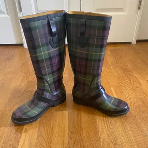 LL Bean Wellie Rain Boots Women 7 Purple Green Plaid Buckle Tall Preppy Heritage thumbnail 3