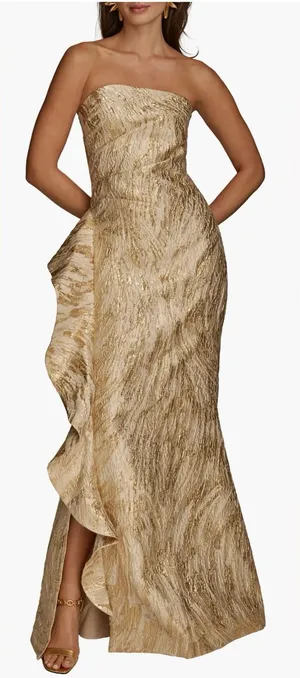 NEW Donna Karan New York Metallic Ruffle Detail Strapless Gold Gown sz 4 thumbnail 1
