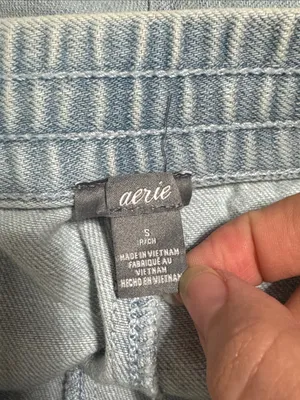 Aerie Light Wash Denim Elastic Waist Drawstring Stretch Shorts Raw Hem size S thumbnail 6