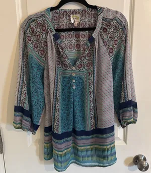 Fig and Flower Womens Patchwork Floral Blouse Blue 3/4 Sleeve Top Large thumbnail 1