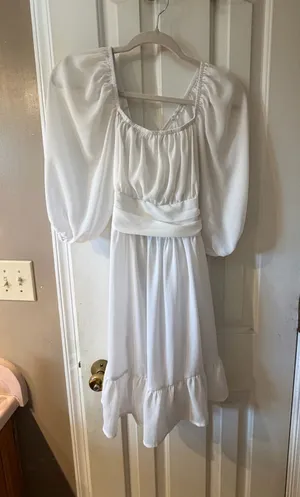 White Amazon Dress, thigh length, adjustable tie back  thumbnail 1