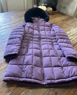 Long Quilted Purple Puffer Coat with Faux Fur Hood thumbnail 1